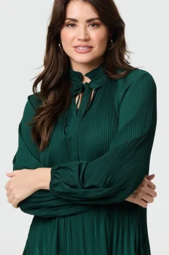Pleated Tie Neck Long Sleeve Blouse