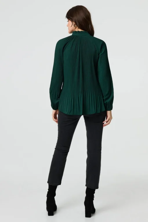 Pleated Tie Neck Long Sleeve Blouse