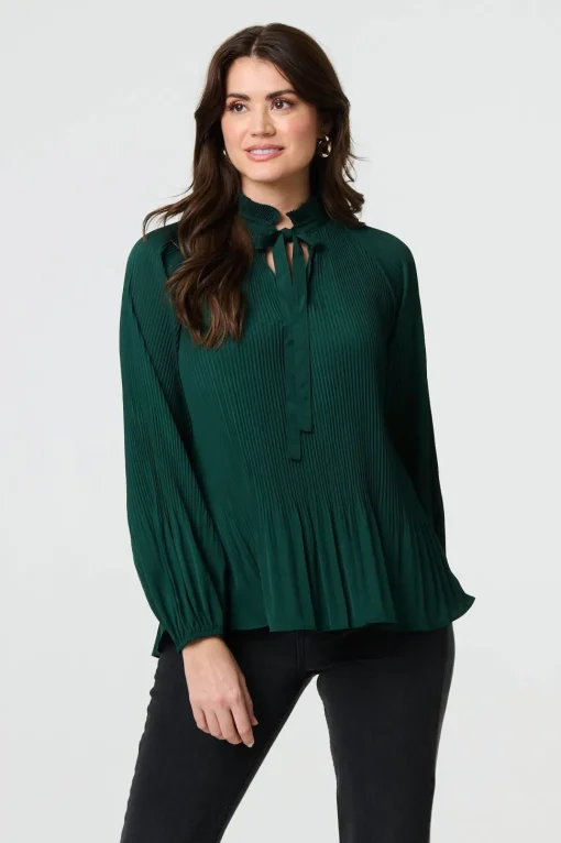 Pleated Tie Neck Long Sleeve Blouse