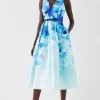 Plunge Neck Midi Dress With Bow Waist