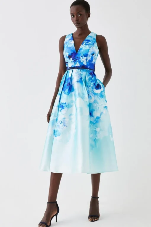 Plunge Neck Midi Dress With Bow Waist