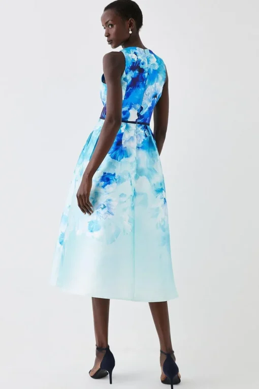 Plunge Neck Midi Dress With Bow Waist