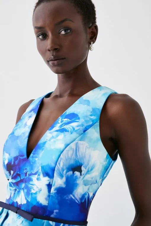 Plunge Neck Midi Dress With Bow Waist