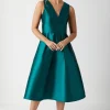Plunge Neck Structured Twill Midi Bridesmaid Dress