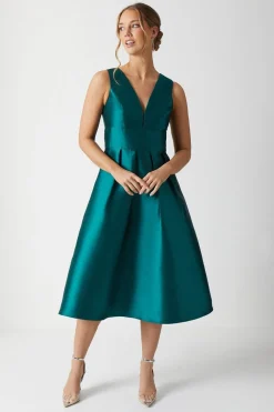Plunge Neck Structured Twill Midi Bridesmaid Dress