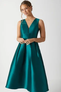 Plunge Neck Structured Twill Midi Bridesmaid Dress
