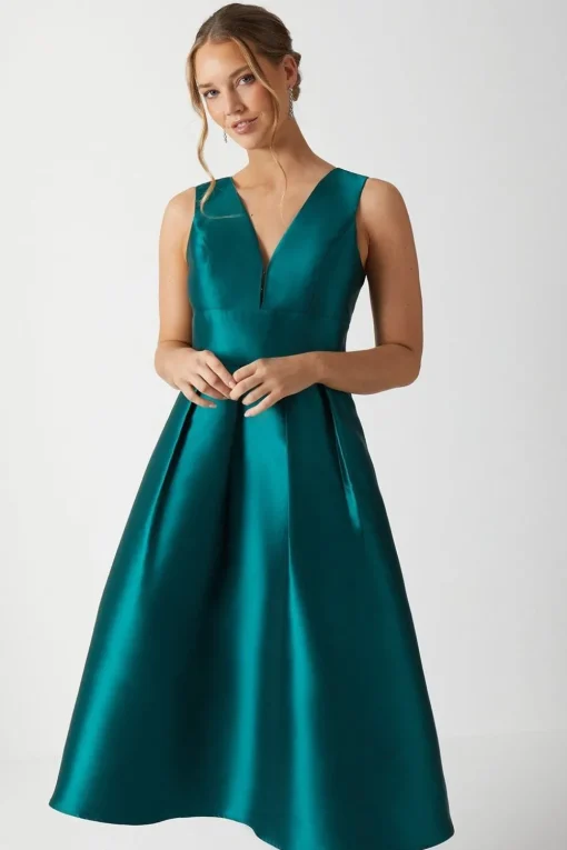 Plunge Neck Structured Twill Midi Bridesmaid Dress