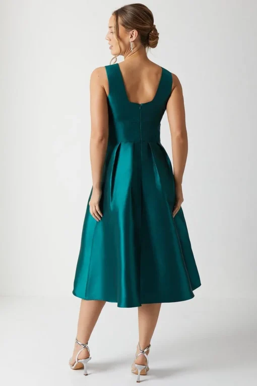 Plunge Neck Structured Twill Midi Bridesmaid Dress