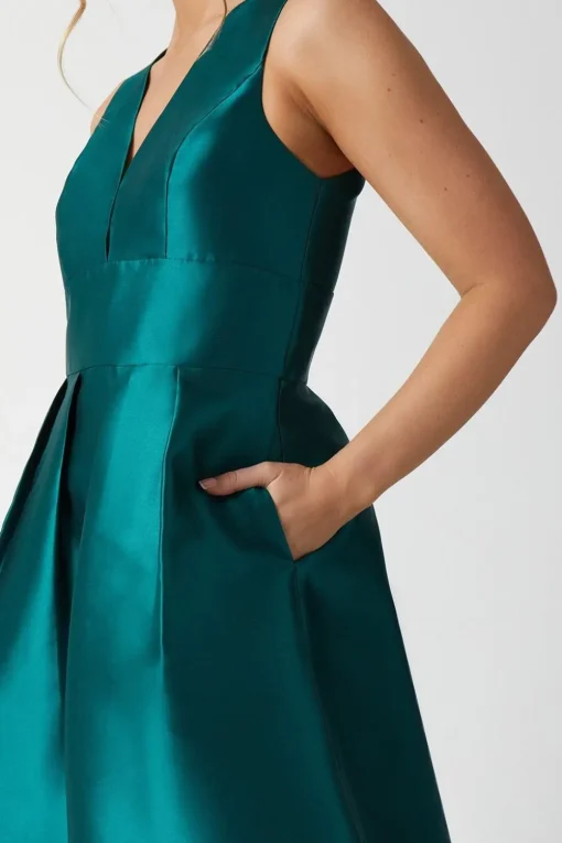 Plunge Neck Structured Twill Midi Bridesmaid Dress
