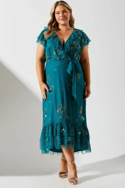 Plus Frill Wrap Front Embellished Midi Dress