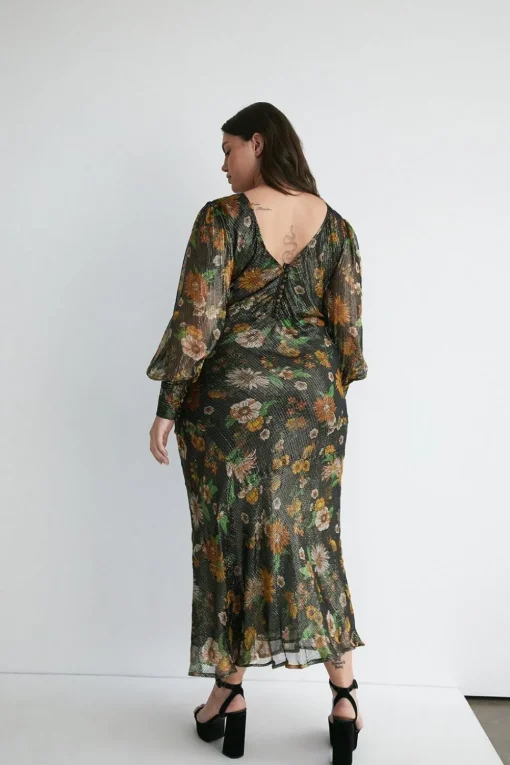 Plus Size Sparkle Floral Bias Cut Midi Dress