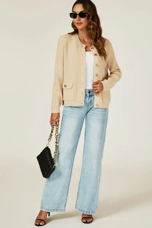 Pocket Details Knitted Cardigan In Camel
