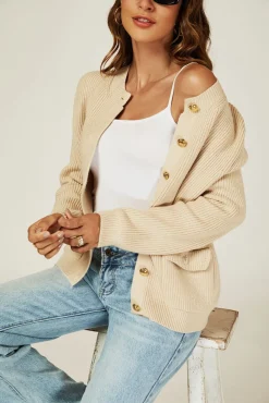 Pocket Details Knitted Cardigan In Camel