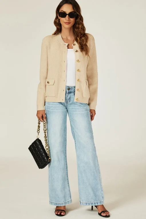 Pocket Details Knitted Cardigan In Camel