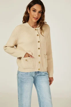 Pocket Details Knitted Cardigan In Camel