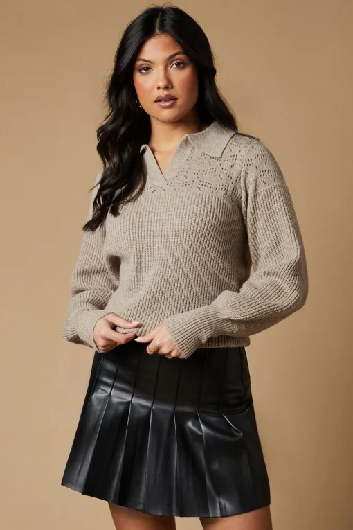 Pointelle Stitch Yoke Collared Knitted Jumper
