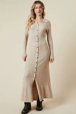 Pointelle Waist Detail Button Down Knitted Midi Dress