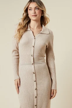 Pointelle Waist Detail Button Down Knitted Midi Dress