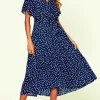 Polka Dot Hem Tiered Wrap Midi Dress In Navy