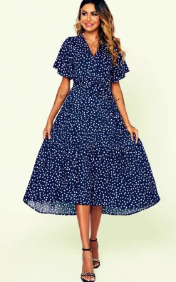 Polka Dot Hem Tiered Wrap Midi Dress In Navy
