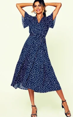 Polka Dot Hem Tiered Wrap Midi Dress In Navy