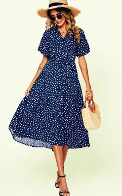 Polka Dot Hem Tiered Wrap Midi Dress In Navy