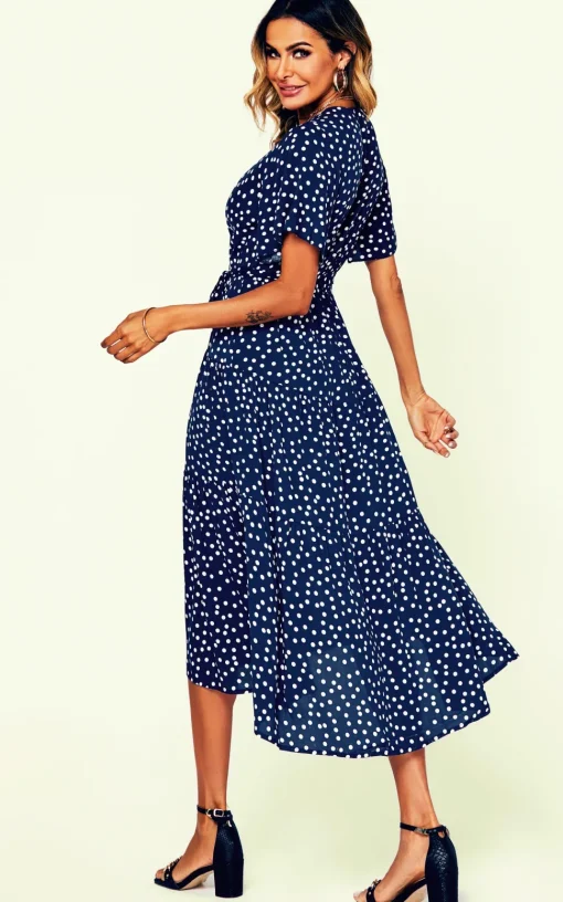 Polka Dot Hem Tiered Wrap Midi Dress In Navy