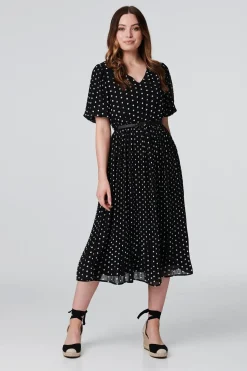 Polka Dot Pleated Midi Dress