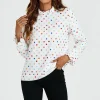 Polka Dot Print Frill Detail High Neck Top In White