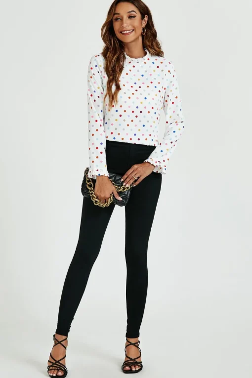 Polka Dot Print Frill Detail High Neck Top In White