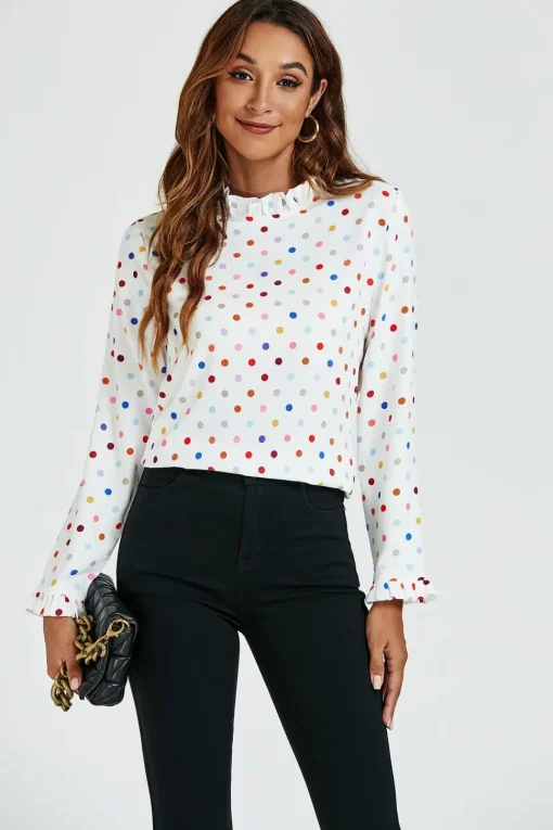 Polka Dot Print Frill Detail High Neck Top In White