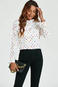 Polka Dot Print Frill Detail High Neck Top In White
