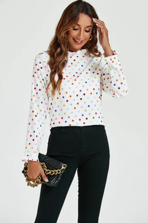 Polka Dot Print Frill Detail High Neck Top In White