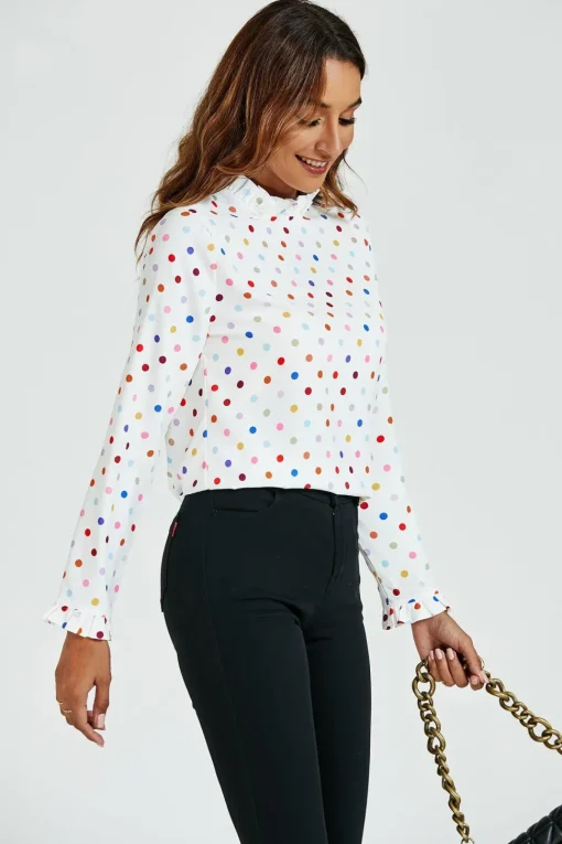 Polka Dot Print Frill Detail High Neck Top In White