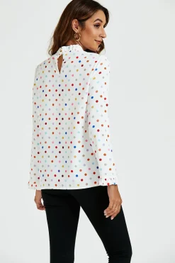 Polka Dot Print Frill Detail High Neck Top In White