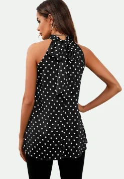 Polka Dot Print Halter Neck Tie Back Top In Black
