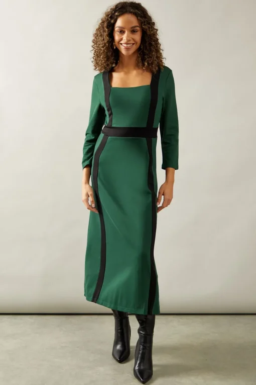 Ponte Contrast Button Midi Dress