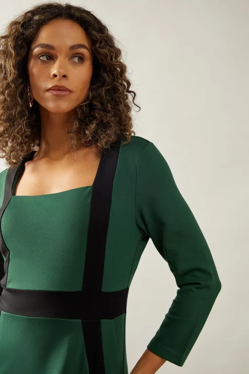 Ponte Contrast Button Midi Dress