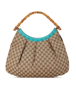 Preloved Canvas Bamboo Studded Hobo with Leather Trim and Bamboo