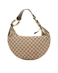 Preloved Canvas Hobo Bag with Leather Trim and Bamboo Ring Detail