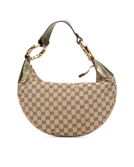 Preloved Canvas Hobo Bag with Leather Trim and Bamboo Ring Detail