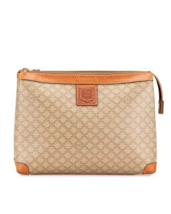 Preloved Coated Canvas Clutch with Leather Trim and Top Zip Closure