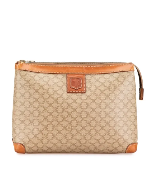 Preloved Coated Canvas Clutch with Leather Trim and Top Zip Closure