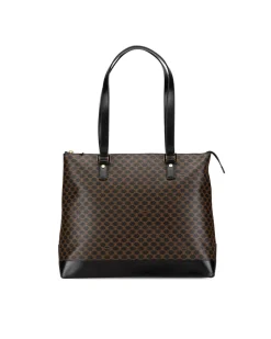 Preloved Coated Canvas Tote Bag with Leather Trim and Top Zip Closure