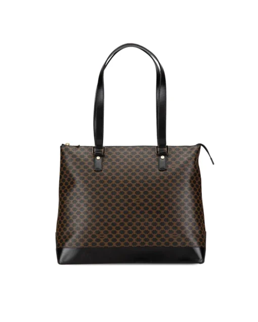 Preloved Coated Canvas Tote Bag with Leather Trim and Top Zip Closure