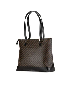 Preloved Coated Canvas Tote Bag with Leather Trim and Top Zip Closure