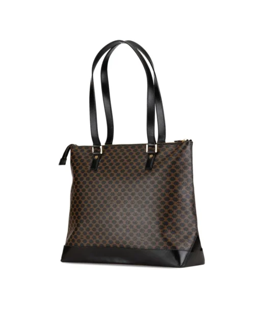 Preloved Coated Canvas Tote Bag with Leather Trim and Top Zip Closure