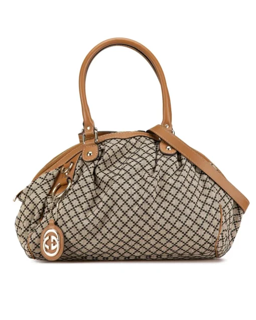 Preloved Diamante Canvas Satchel with Leather Trim and Detachable