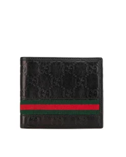 Preloved Embossed Leather Bifold Wallet with Canvas Detail
