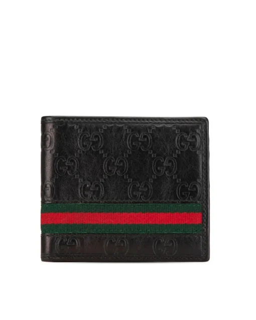 Preloved Embossed Leather Bifold Wallet with Canvas Detail